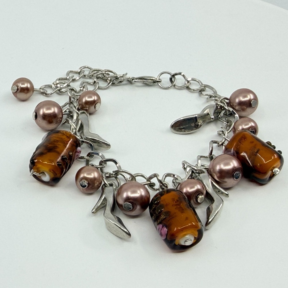 Vintage Y2K Murano Glass Charm Bracelet Faux Pearl High Heel Shoe Silver Tone